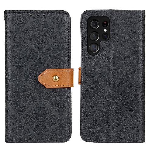 

For Samsung Galaxy S25 Ultra 5G European Floral Embossed Leather Phone Case(Black)