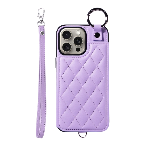 

For iPhone 15 Pro Max Rhombic Texture Card Bag Phone Case with Short Lanyard(Purple)