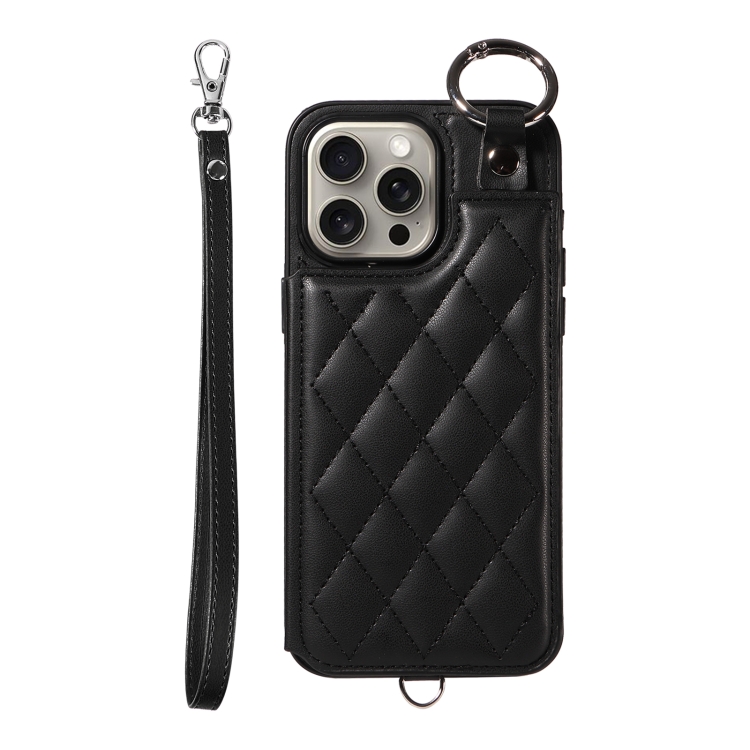 

For iPhone 15 Pro Max Rhombic Texture Card Bag Phone Case with Short Lanyard(Black)