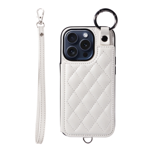 

For iPhone 15 Pro Rhombic Texture Card Bag Phone Case with Short Lanyard(White)