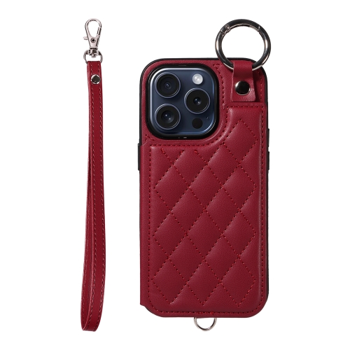 

For iPhone 15 Pro Rhombic Texture Card Bag Phone Case with Short Lanyard(Wine Red)