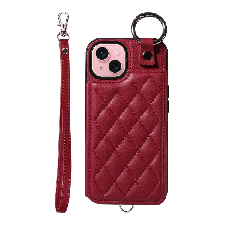 

For iPhone 15 Rhombic Texture Card Bag Phone Case with Short Lanyard(Wine Red)