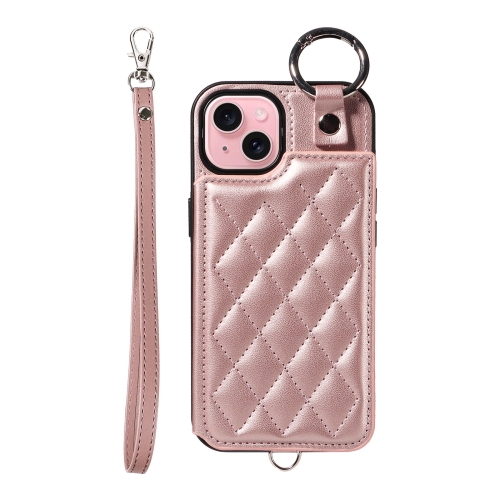 

For iPhone 15 Rhombic Texture Card Bag Phone Case with Short Lanyard(Rose Gold)