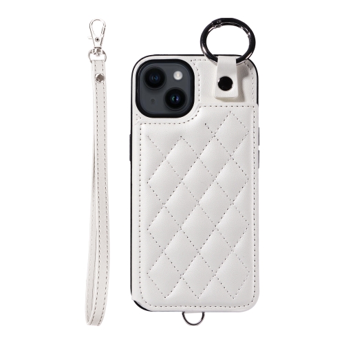 

For iPhone 14 Rhombic Texture Card Bag Phone Case with Short Lanyard(White)