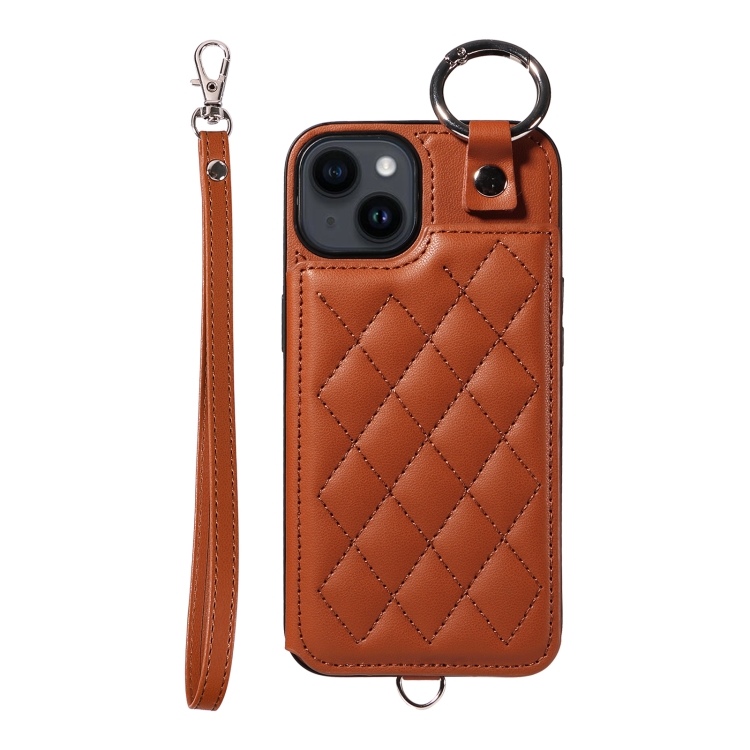 

For iPhone 14 Rhombic Texture Card Bag Phone Case with Short Lanyard(Brown)