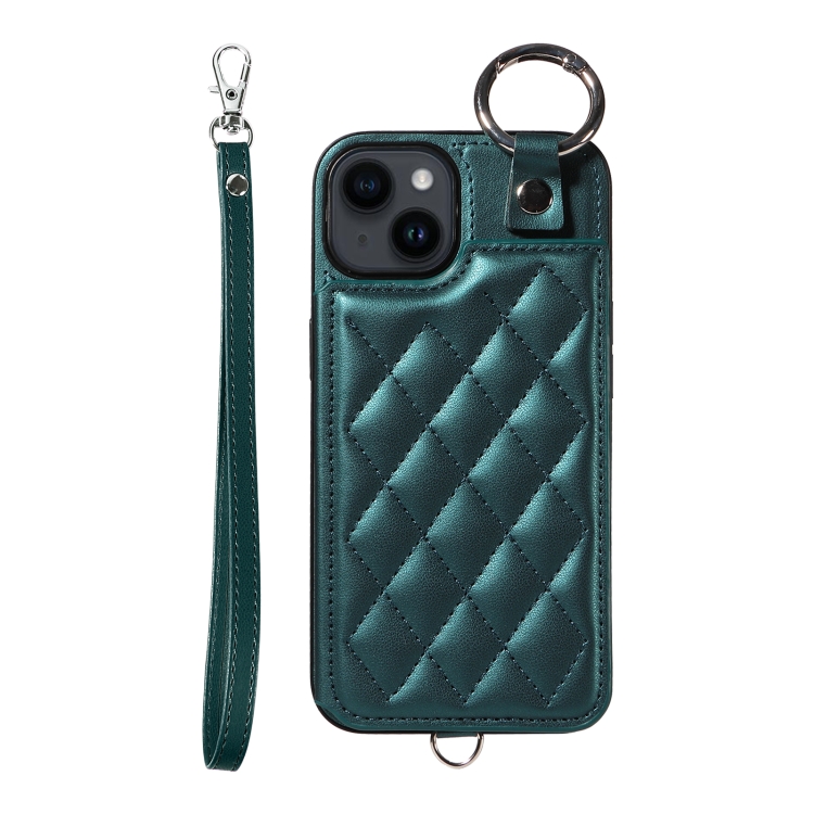 

For iPhone 14 Rhombic Texture Card Bag Phone Case with Short Lanyard(Green)