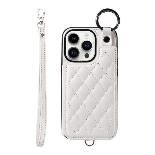 

For iPhone 14 Pro Rhombic Texture Card Bag Phone Case with Short Lanyard(White)