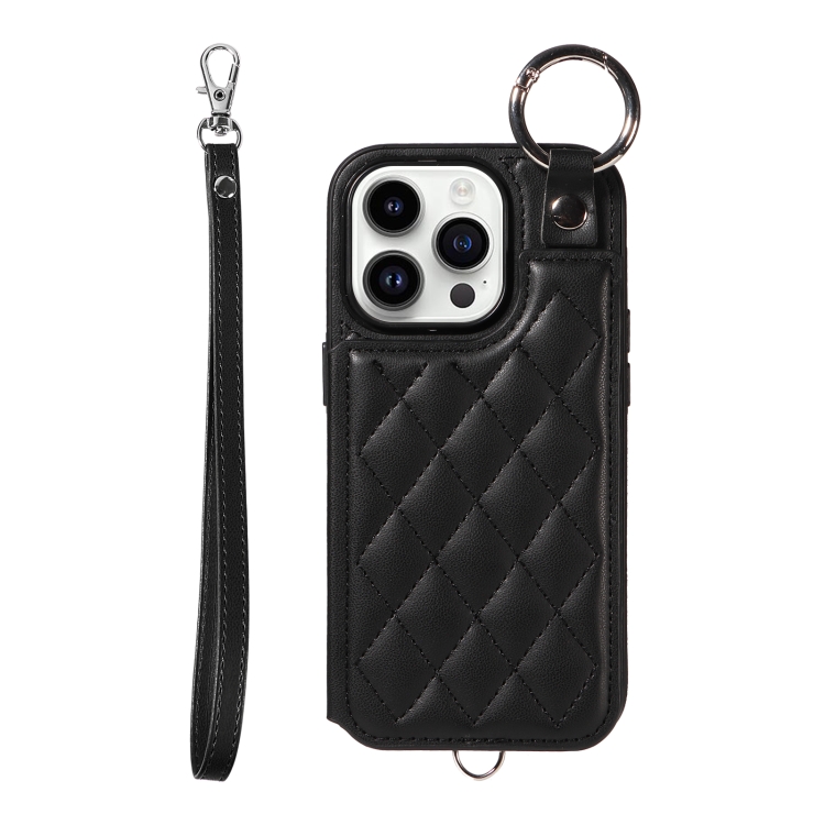 

For iPhone 14 Pro Rhombic Texture Card Bag Phone Case with Short Lanyard(Black)