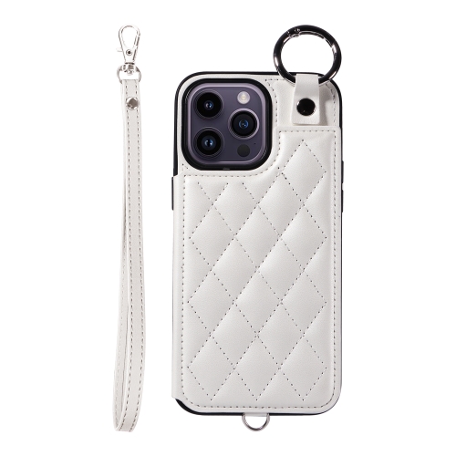 

For iPhone 14 Pro Max Rhombic Texture Card Bag Phone Case with Short Lanyard(White)