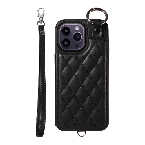 

For iPhone 14 Pro Max Rhombic Texture Card Bag Phone Case with Short Lanyard(Black)