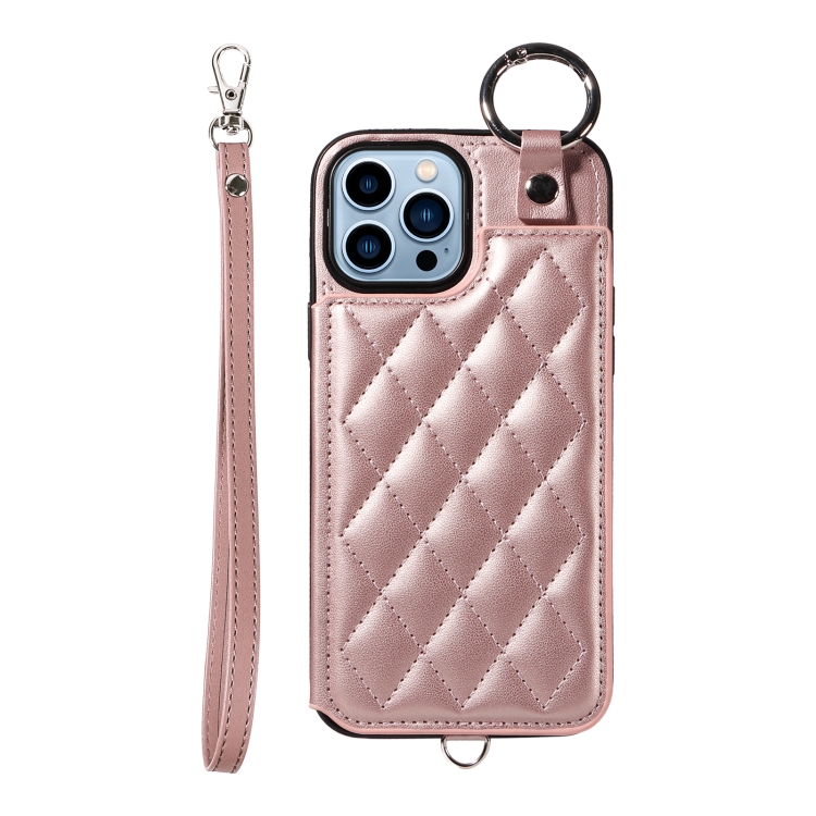 

For iPhone 13 Pro Max Rhombic Texture Card Bag Phone Case with Short Lanyard(Rose Gold)