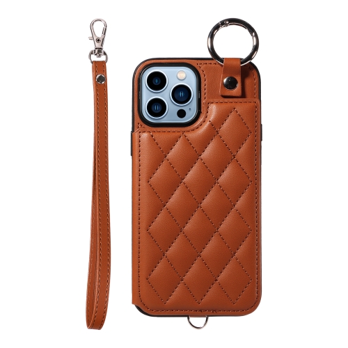 

For iPhone 13 Pro Max Rhombic Texture Card Bag Phone Case with Short Lanyard(Brown)