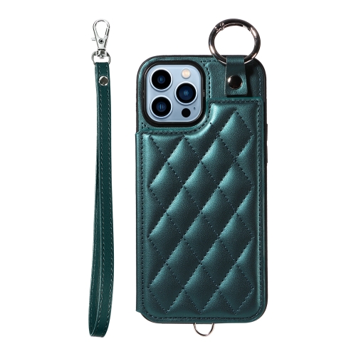 

For iPhone 13 Pro Max Rhombic Texture Card Bag Phone Case with Short Lanyard(Green)