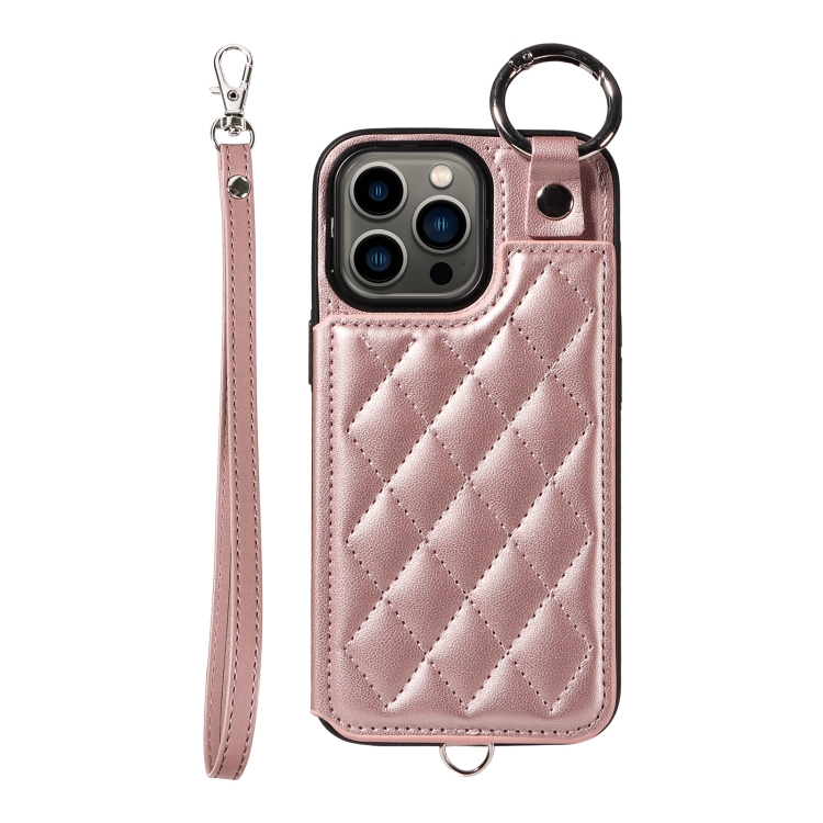 

For iPhone 13 Pro Rhombic Texture Card Bag Phone Case with Short Lanyard(Rose Gold)