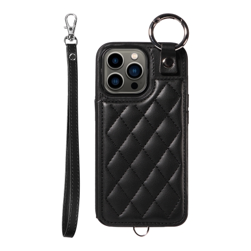 

For iPhone 13 Pro Rhombic Texture Card Bag Phone Case with Short Lanyard(Black)