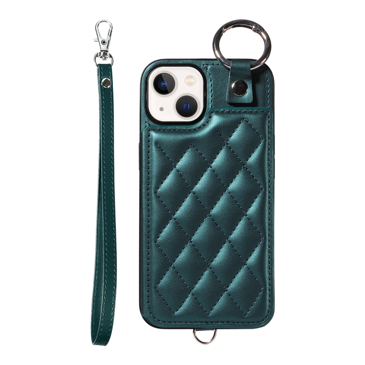 

For iPhone 13 Rhombic Texture Card Bag Phone Case with Short Lanyard(Green)