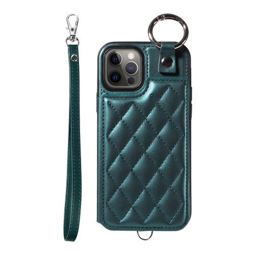 

For iPhone 12 / 12 Pro Rhombic Texture Card Bag Phone Case with Short Lanyard(Green)