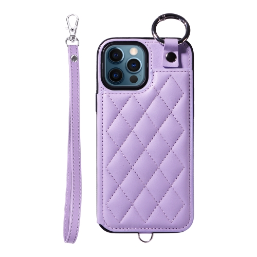 

For iPhone 12 Pro Max Rhombic Texture Card Bag Phone Case with Short Lanyard(Purple)