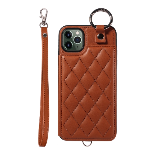 

For iPhone 11 Pro Max Rhombic Texture Card Bag Phone Case with Short Lanyard(Brown)