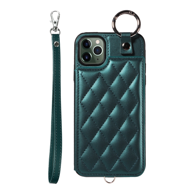 

For iPhone 11 Pro Max Rhombic Texture Card Bag Phone Case with Short Lanyard(Green)