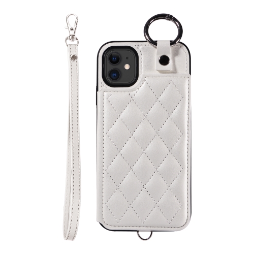 

For iPhone 11 Rhombic Texture Card Bag Phone Case with Short Lanyard(White)