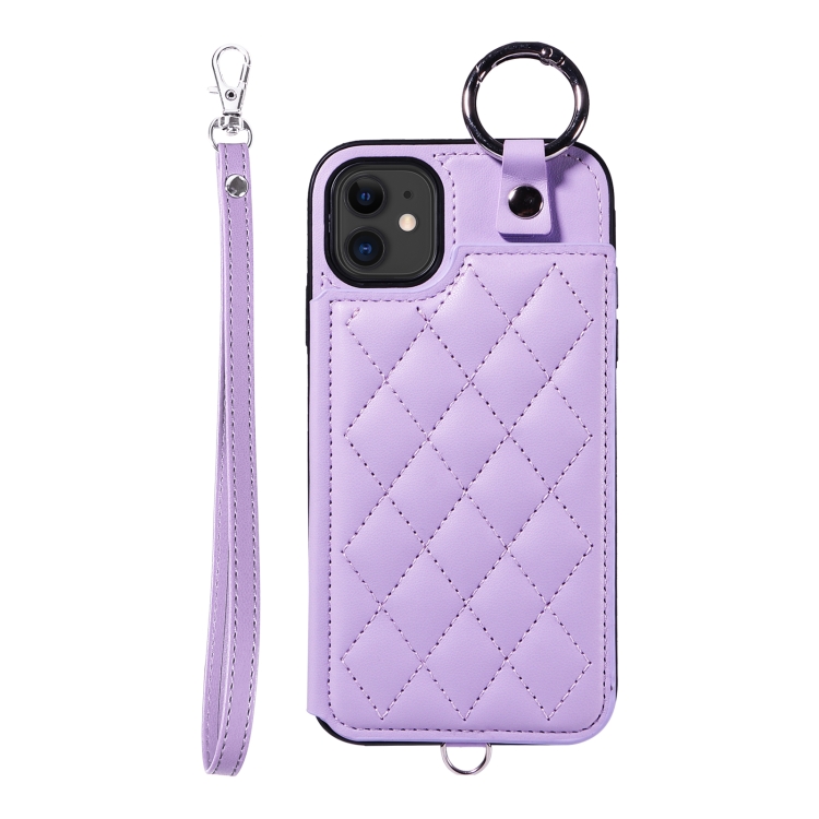 

For iPhone 11 Rhombic Texture Card Bag Phone Case with Short Lanyard(Purple)