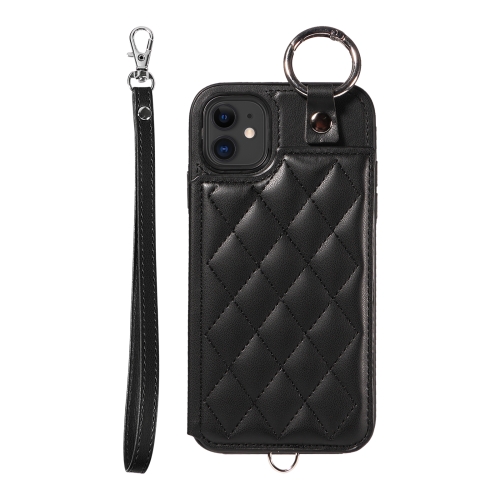 

For iPhone 11 Rhombic Texture Card Bag Phone Case with Short Lanyard(Black)