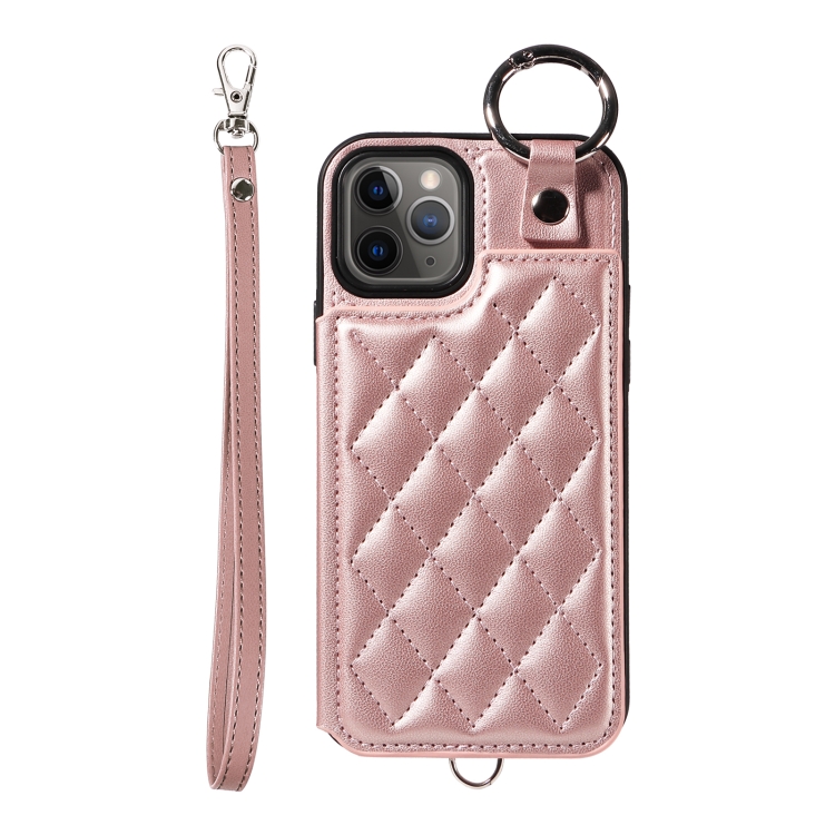 

For iPhone 11 Pro Rhombic Texture Card Bag Phone Case with Short Lanyard(Rose Gold)