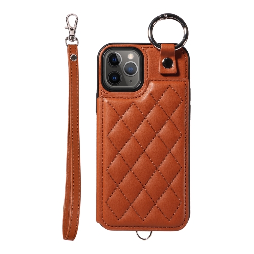 

For iPhone 11 Pro Rhombic Texture Card Bag Phone Case with Short Lanyard(Brown)