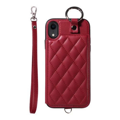 

For iPhone XR Rhombic Texture Card Bag Phone Case with Short Lanyard(Wine Red)