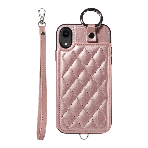 

For iPhone XR Rhombic Texture Card Bag Phone Case with Short Lanyard(Rose Gold)