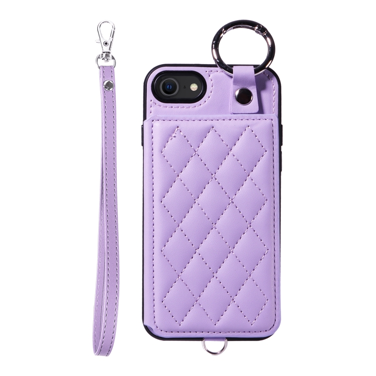 

For iPhone SE 2022 / 2020 / 8 / 7 Rhombic Texture Card Bag Phone Case with Short Lanyard(Purple)