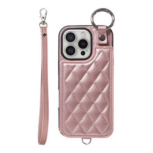 

For iPhone 16 Pro Rhombic Texture Card Bag Phone Case with Short Lanyard(Rose Gold)