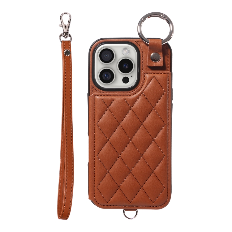 

For iPhone 16 Pro Rhombic Texture Card Bag Phone Case with Short Lanyard(Brown)