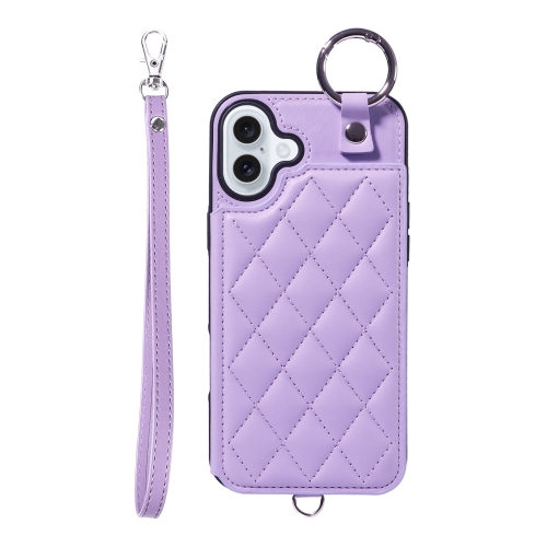 

For iPhone 16 Plus Rhombic Texture Card Bag Phone Case with Short Lanyard(Purple)