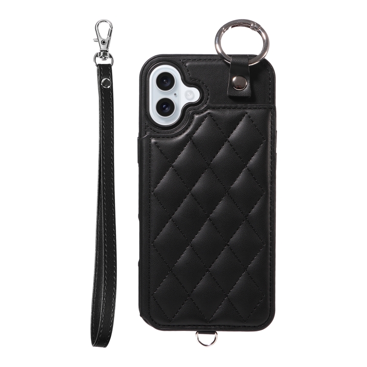 

For iPhone 16 Plus Rhombic Texture Card Bag Phone Case with Short Lanyard(Black)