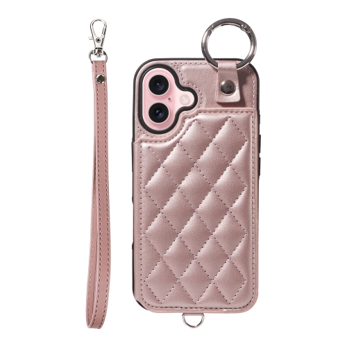 

For iPhone 16 Rhombic Texture Card Bag Phone Case with Short Lanyard(Rose Gold)