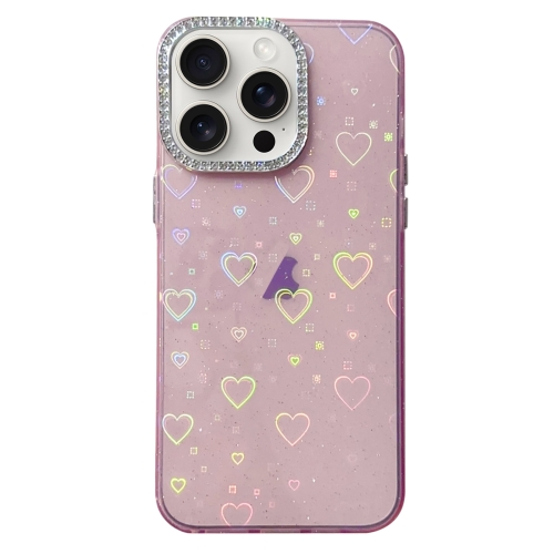 For iPhone 15 Pro Max Love Pattern Diamond Lens Frame IMD Acrylic Phone Case(Pink)