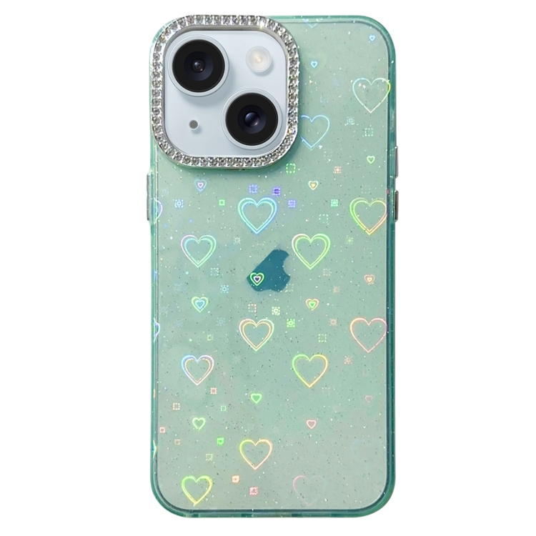 

For iPhone 15 Love Pattern Diamond Lens Frame IMD Acrylic Phone Case(Green)