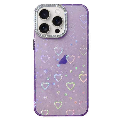 

For iPhone 14 Pro Max Love Pattern Diamond Lens Frame IMD Acrylic Phone Case(Purple)