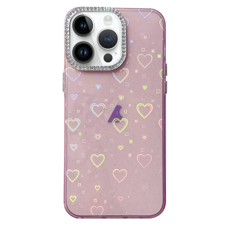 

For iPhone 13 Pro Love Pattern Diamond Lens Frame IMD Acrylic Phone Case(Pink)