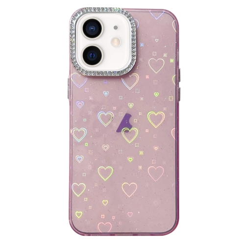 

For iPhone 12 Love Pattern Diamond Lens Frame IMD Acrylic Phone Case(Pink)