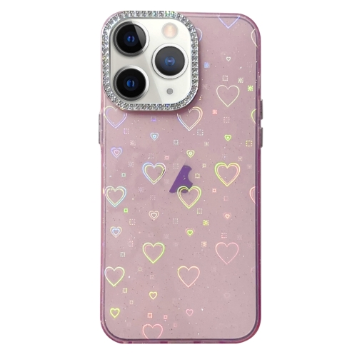 

For iPhone 11 Pro Max Love Pattern Diamond Lens Frame IMD Acrylic Phone Case(Pink)