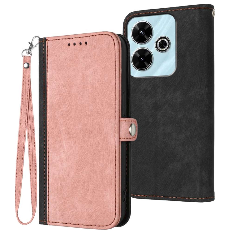 

For Redmi 13 4G Side Buckle Double Fold Hand Strap Leather Phone Case(Pink)