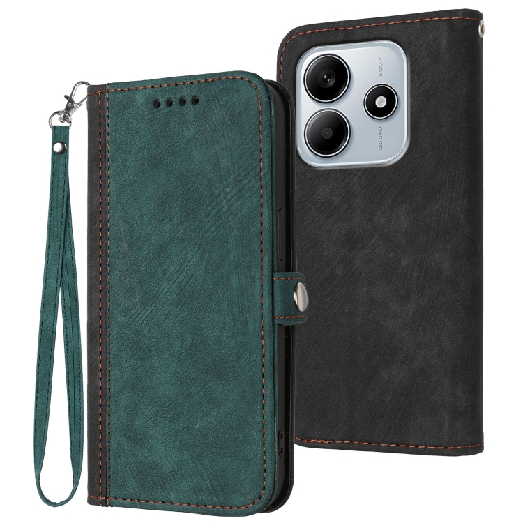 

For Redmi Note 14 5G Side Buckle Double Fold Hand Strap Leather Phone Case(Dark Green)