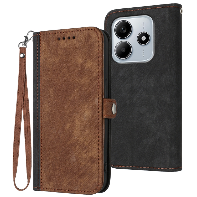 

For Redmi Note 14 5G Side Buckle Double Fold Hand Strap Leather Phone Case(Brown)