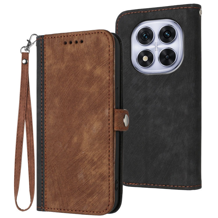 

For Redmi Note 14 Pro 5G Side Buckle Double Fold Hand Strap Leather Phone Case(Brown)