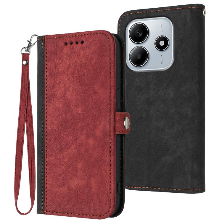 

For Redmi Note 14 4G 163.25mm Side Buckle Double Fold Hand Strap Leather Phone Case(Red)