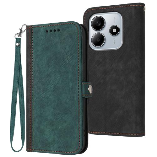 

For Redmi Note 14 4G 163.25mm Side Buckle Double Fold Hand Strap Leather Phone Case(Dark Green)