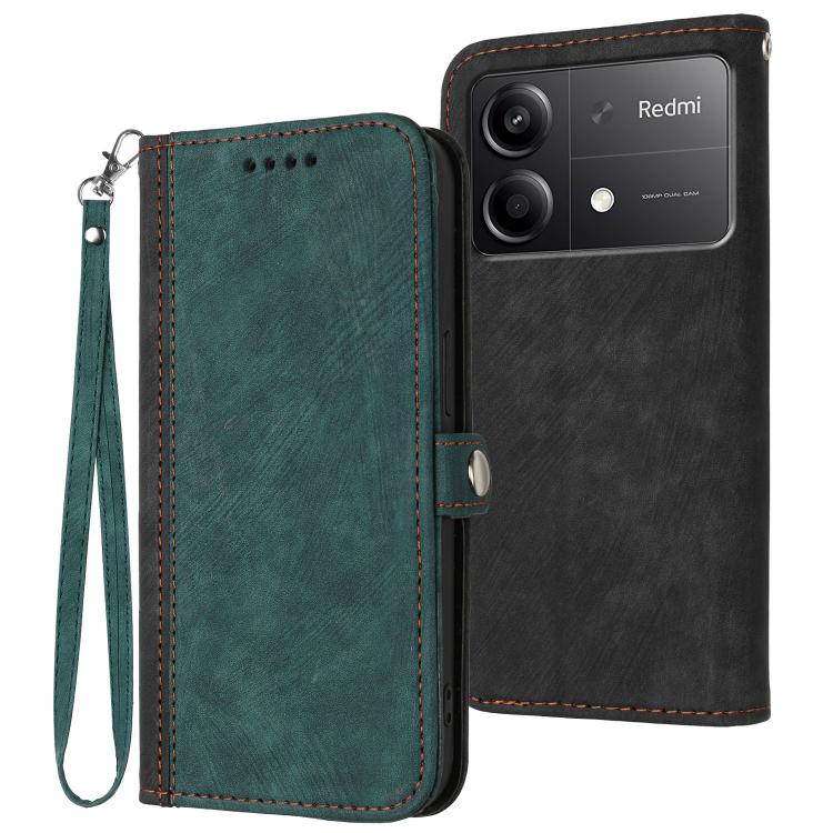 

For Redmi Note 13R Pro / Xiaomi Poco X6 Neo Side Buckle Double Fold Hand Strap Leather Phone Case(Dark Green)